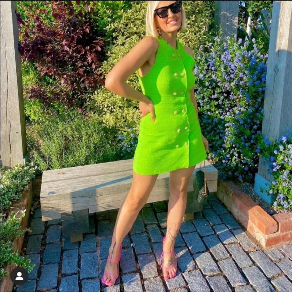 ZARA Textured Weave Dress With Buttons Lime Green